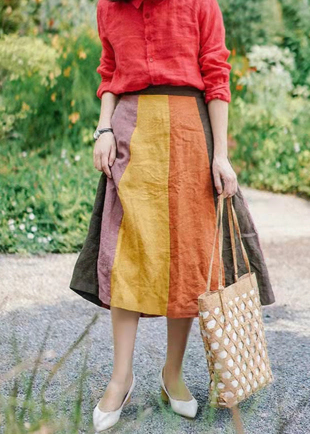 Plus Size Orange elastic waist Patchwork Linen A Line Skirt Spring