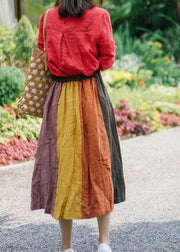 Plus Size Orange elastic waist Patchwork Linen A Line Skirt Spring