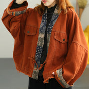 Plus Size Orange retro Patchwork Loose Fall Coat