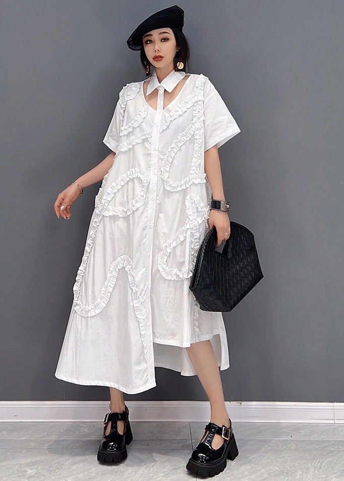 Plus Size Original White Asymmetrical Design Ruffled Cotton Shirt Dress Short Sleeve
