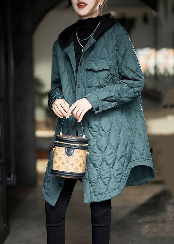Plus Size Peacock Green Hooded Pockets Cotton Filled Women Coats Winter