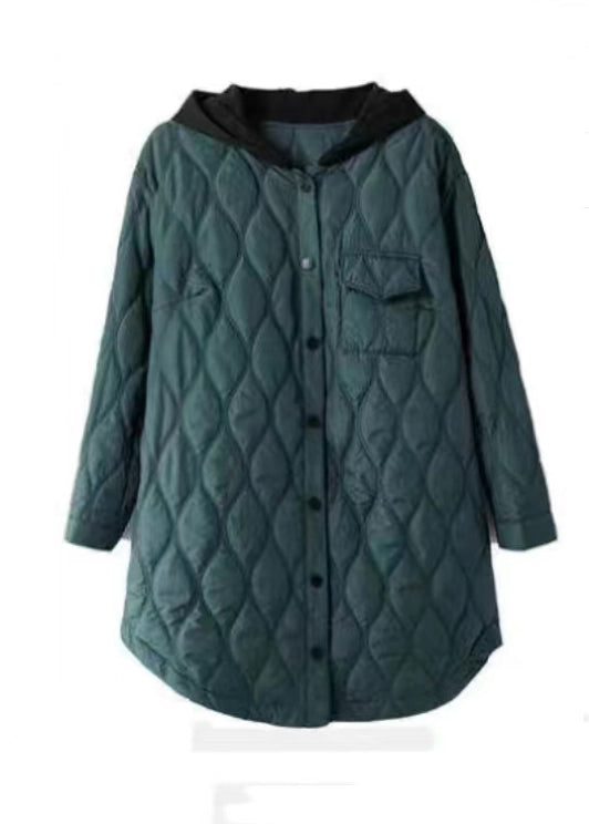 Plus Size Peacock Green Hooded Pockets Cotton Filled Women Coats Winter