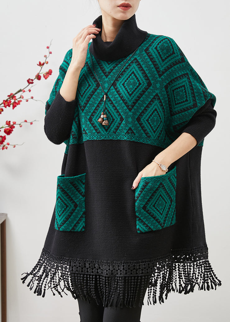 Plus Size Peacock Green Tasseled Patchwork Knit Mid Dress Spring