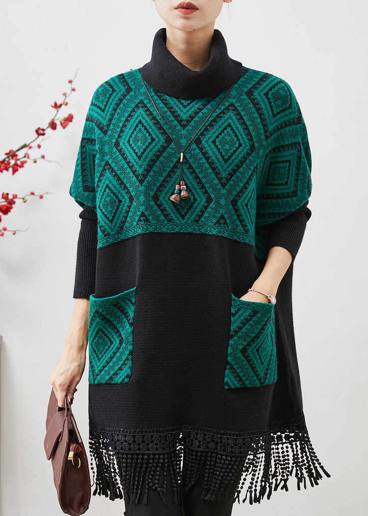 Plus Size Peacock Green Tasseled Patchwork Knit Mid Dress Spring