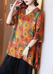 Plus Size Peacock Print V Neck Patchwork Silk Shirt Top Summer