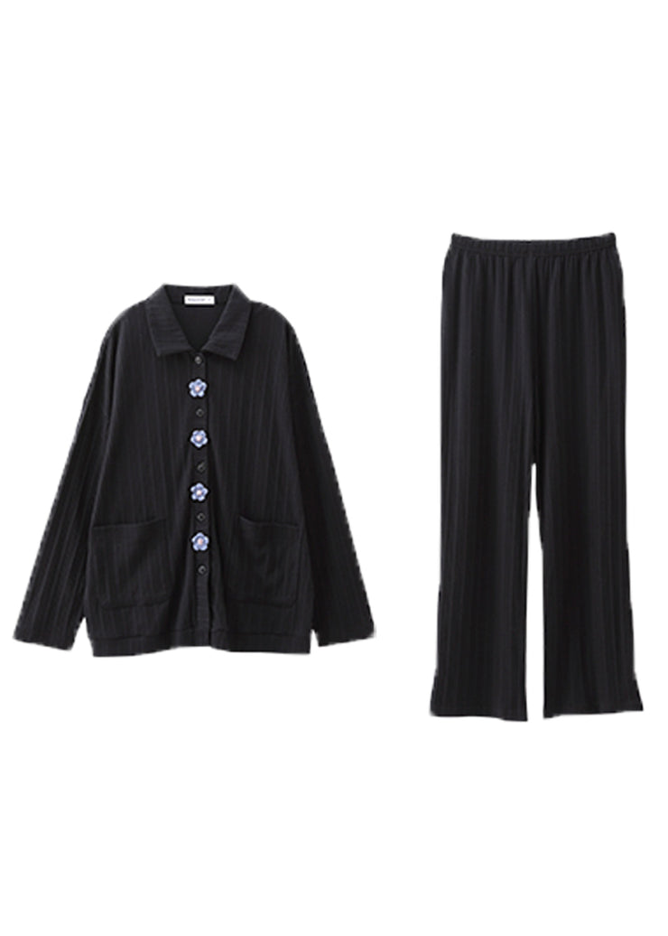 Plus Size Peter Pan Collar Striped Button Cotton Pajamas Two Pieces Set Long Sleeve