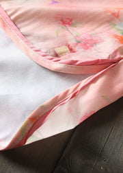 Plus Size Pink Asymmetrical Print Cotton Linen Blouse Tops Bracelet Sleeve