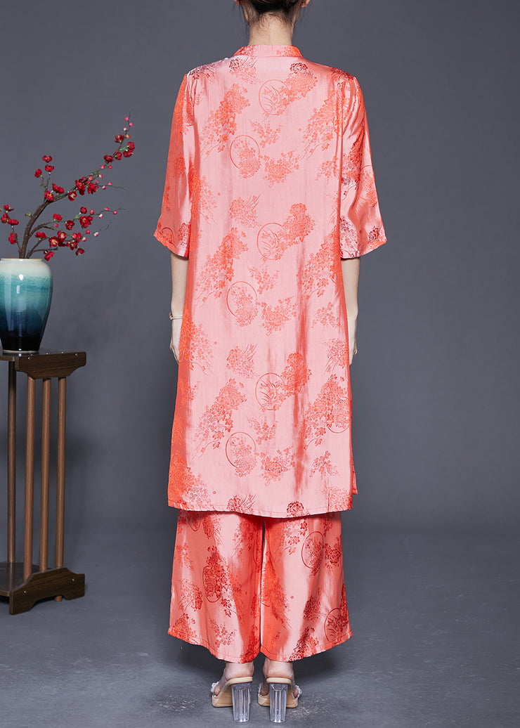 Plus Size Pink Chinese Button Jacquard Silk 2 Piece Outfit Summer