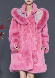 Plus Size Pink Embroideried Drawstring Mink Velvet Coat Outwear Spring