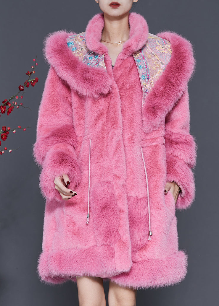 Plus Size Pink Embroideried Drawstring Mink Velvet Coat Outwear Spring