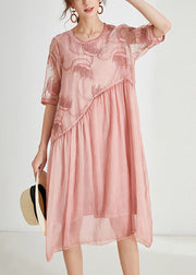 Plus Size Pink Embroidered Floral Chiffon Maxi Dress Short Sleeve