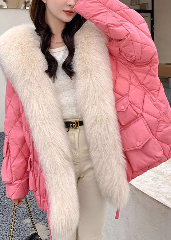 Plus Size Pink Fur Collar Pockets Plaid Patchwork Parka Long Sleeve