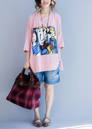Plus Size Pink Graphic Half Sleeve Cotton Summer Top - SooLinen