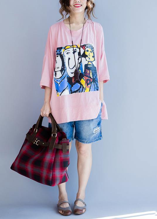 Plus Size Pink Graphic Half Sleeve Cotton Summer Top - SooLinen