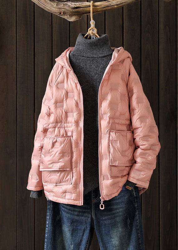 Plus Size Pink Hooded Zippered Duck Down Winter Coats Winter
