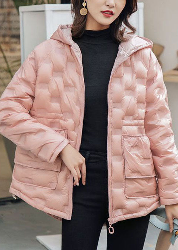 Plus Size Pink Hooded Zippered Duck Down Winter Coats Winter