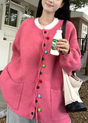 Plus Size Pink O-Neck Button Cotton Knit Sweaters Coats Fall