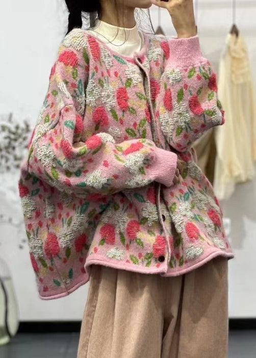 Plus Size Pink O Neck Button Jacquard Cozy Knit Cardigan Fall