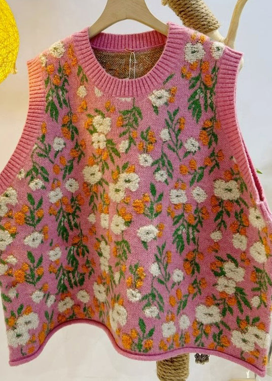 Plus Size Pink O-Neck Embroideried Floral Knit Waistcoat Sleeveless
