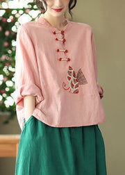 Plus Size Pink O-Neck Embroidered Linen Top Long Sleeve