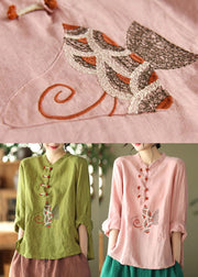 Plus Size Pink O-Neck Embroidered Linen Top Long Sleeve
