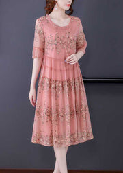 Plus Size Pink O-Neck Patchwork Print Tulle Party Dress Summer