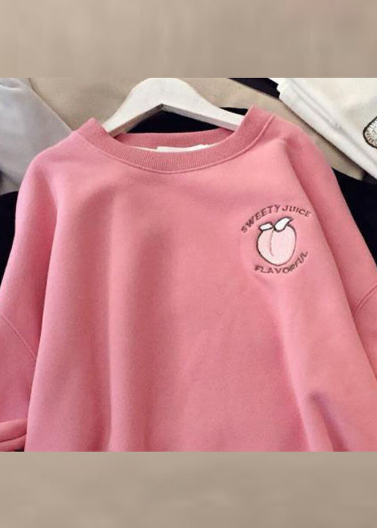Plus Size Pink O-Neck Print Patchwork Fleece Sweatshirt Winter