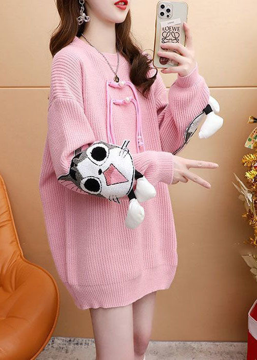 Plus Size Pink Original Design Jacquard Cozy Knitted Long Sweater Winter