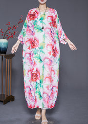 Plus Size Pink Oversized Floral Print Cotton Dress Batwing Sleeve