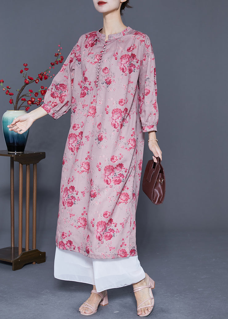 Plus Size Pink Oversized Print Linen Long Dresses Lantern Sleeve