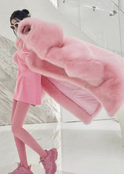 Plus Size Pink Peter Pan Collar Pockets Patchwork Fuzzy Fur Fluffy Coat Winter