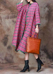 Plus Size Pink Plaid Button Wool Long Coats Spring