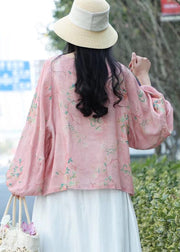 Plus Size Pink Print Linen Blouse Tops lantern sleeve