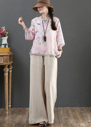 Plus Size Pink Print Linen Oriental Summer Shirts - SooLinen