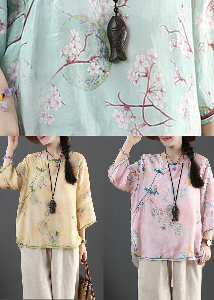 Plus Size Pink Print Linen Oriental Summer Shirts - SooLinen
