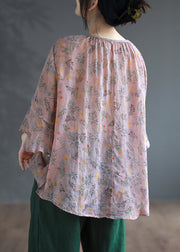 Plus Size Pink Print Patchwork Linen Shirts Flare Sleeve