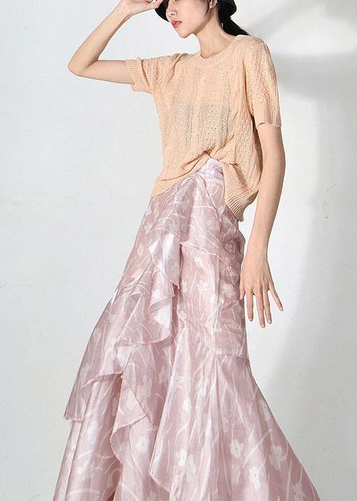 Plus Size Pink Print Summer Ruffles low high design Skirt - SooLinen