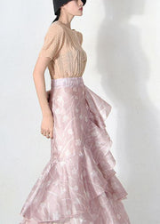 Plus Size Pink Print Summer Ruffles low high design Skirt - SooLinen