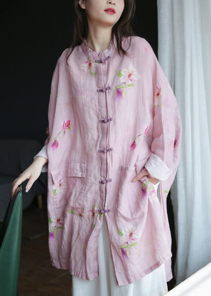 Plus Size Pink Stand Collar Print Button Ramie Long Coats Spring