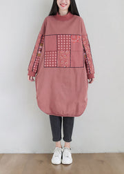 Plus Size Pink Stand Collar Print Cotton Loose Sweatshirt Dress Spring