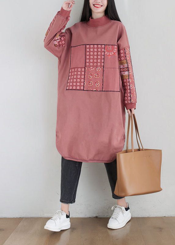 Plus Size Pink Stand Collar Print Cotton Loose Sweatshirt Dress Spring