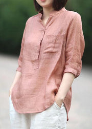 Plus Size Pink Stand Collar pockets Linen Blouses top Half Sleeve
