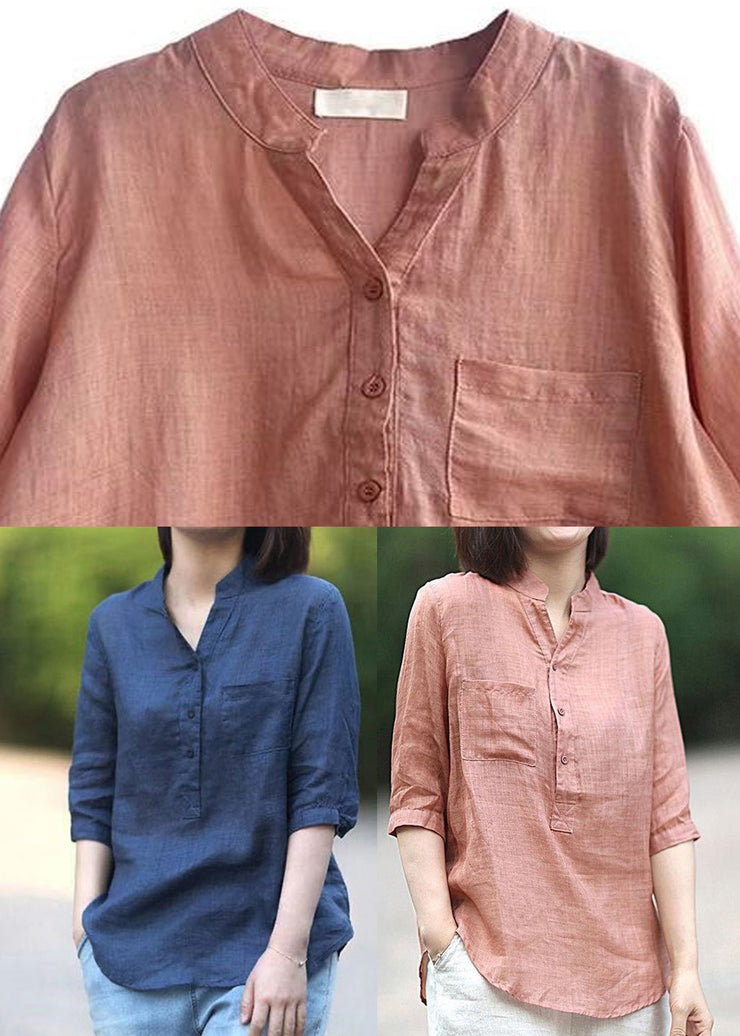 Plus Size Pink Stand Collar pockets Linen Blouses top Half Sleeve