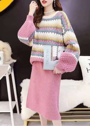 Plus Size Pink Striped Two Piece Set Women Winter Clothing