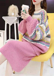Plus Size Pink Striped Zweiteiler Damen Winterkleidung