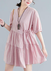 Plus Size Pink V Neck Cinched Ankle Summer Cotton Dress - SooLinen