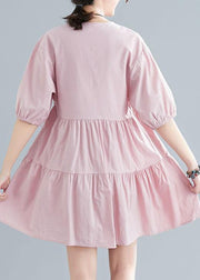 Plus Size Pink V Neck Cinched Ankle Summer Cotton Dress - SooLinen