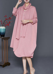Plus Size Pink V Neck Complimentary Scarf Knit Dress Fall