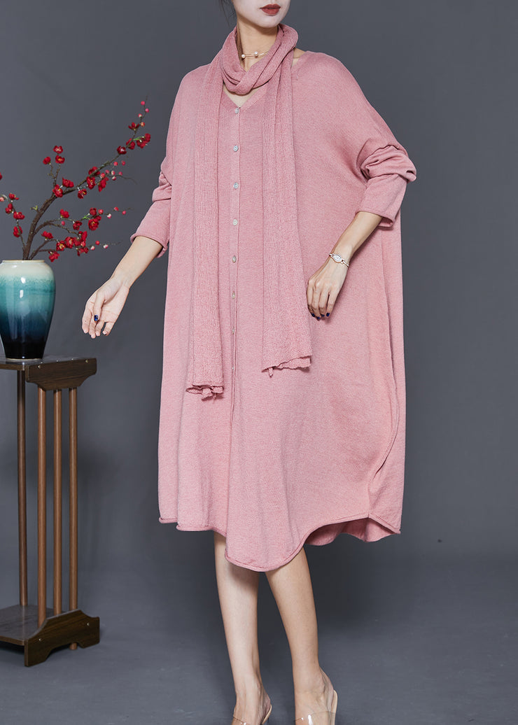 Plus Size Pink V Neck Complimentary Scarf Knit Dress Fall