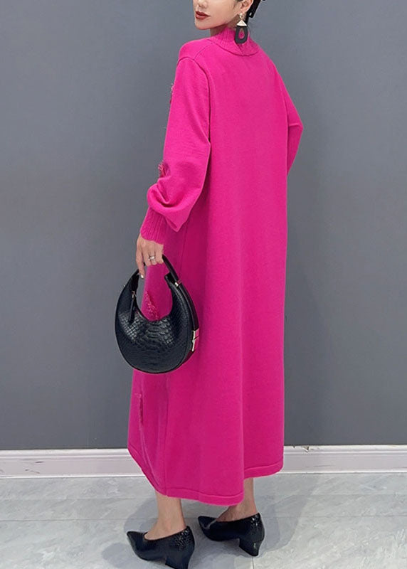 Plus Size Pink V Neck Knit Long Dress Long Sleeve